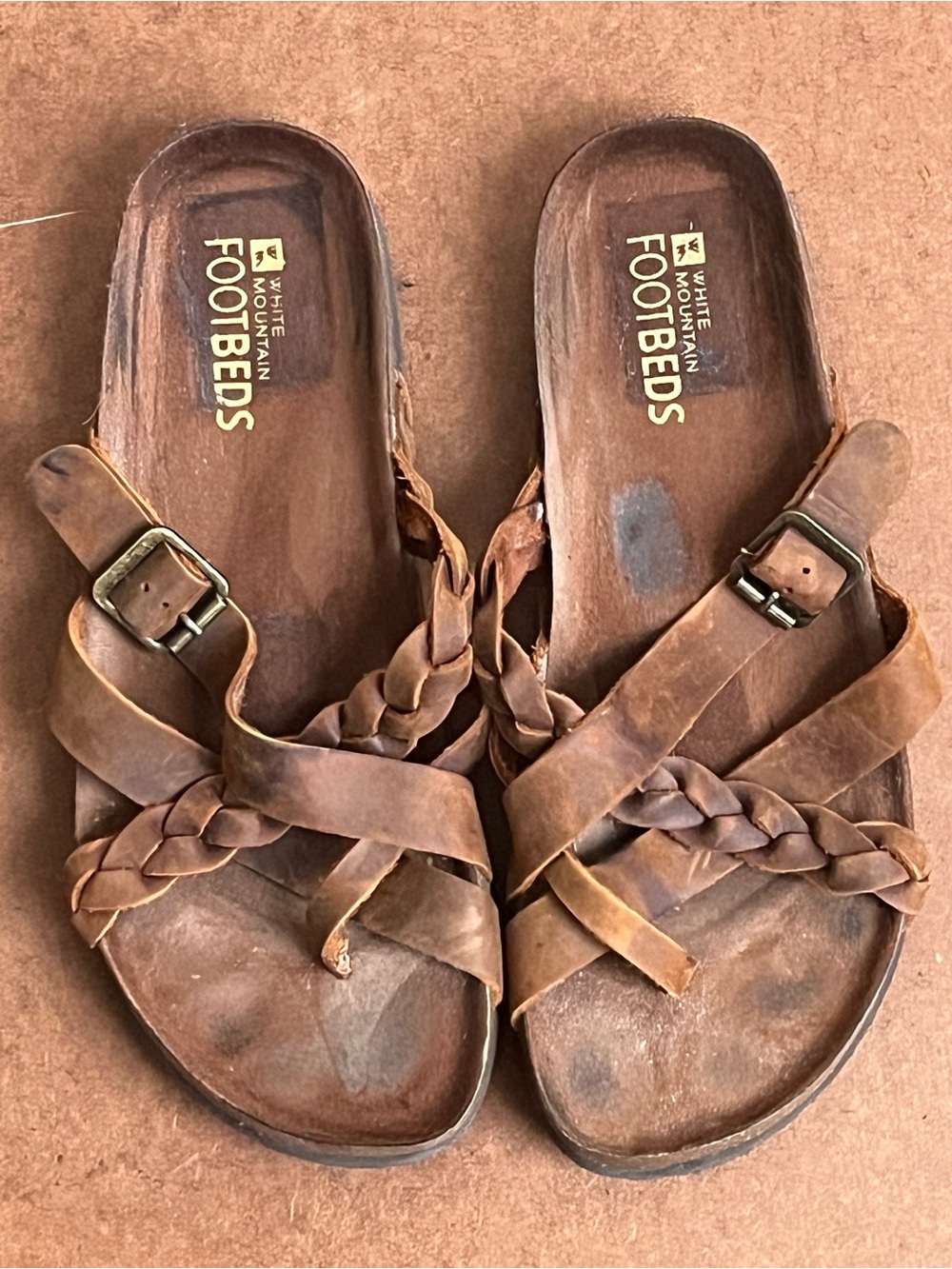 White Mountain FootBed Brown Braided Leather Slide Sandals with Buckle